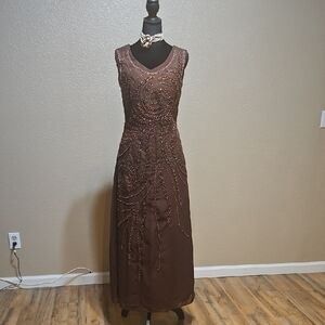 Elegant Brown Beaded Evening Gown